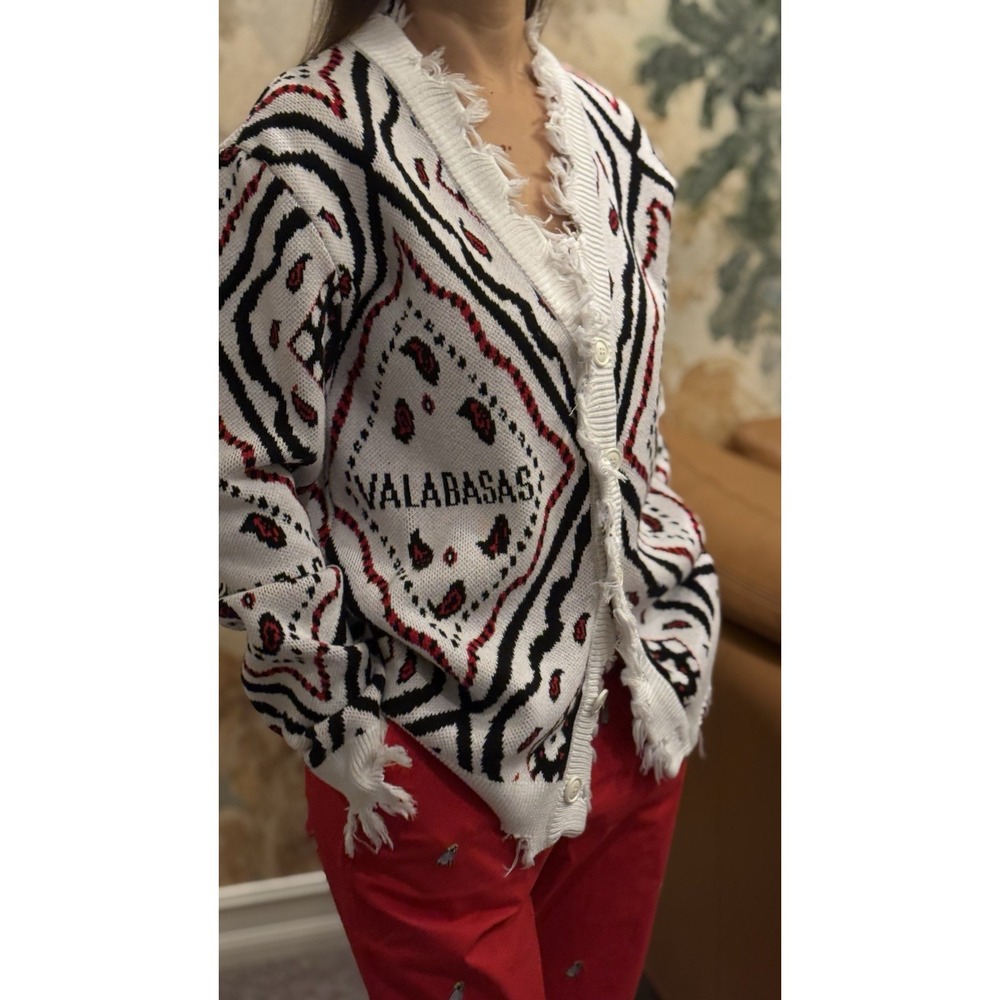 VALABASAS "The Pledge Cardigan Sweater Black / White / Red Distressed / Small - Picture 2 of 9